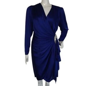 Rich Blue Wrap Dress, S/XS, Gathered Hip/Silver beaded accent, Ruched sleeves